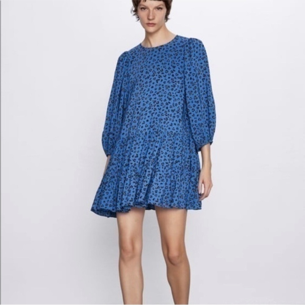 Zara Blue Leopard Tiered Smock Dress large